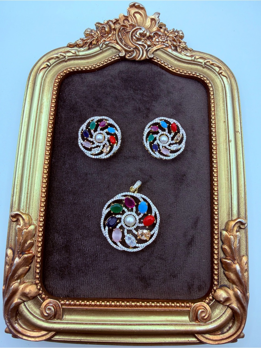Multi-Gemstone & Crystal Swirl Pendant with Matching Stud Earrings Set